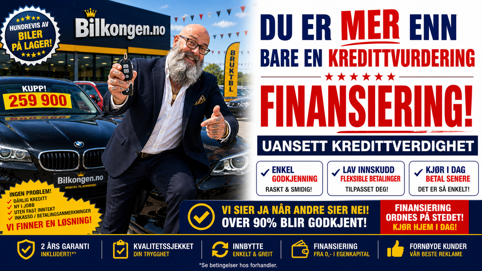 Bilkongen banner med svart BMW, selgeren og salgsordet FINANSIERING