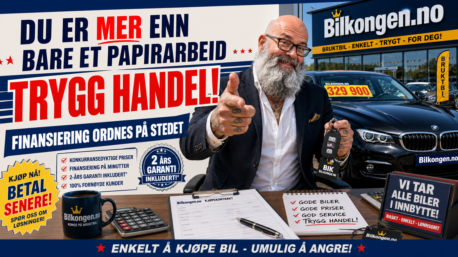 Bilkongen banner med rød SUV, selgeren og salgsordet KUPP