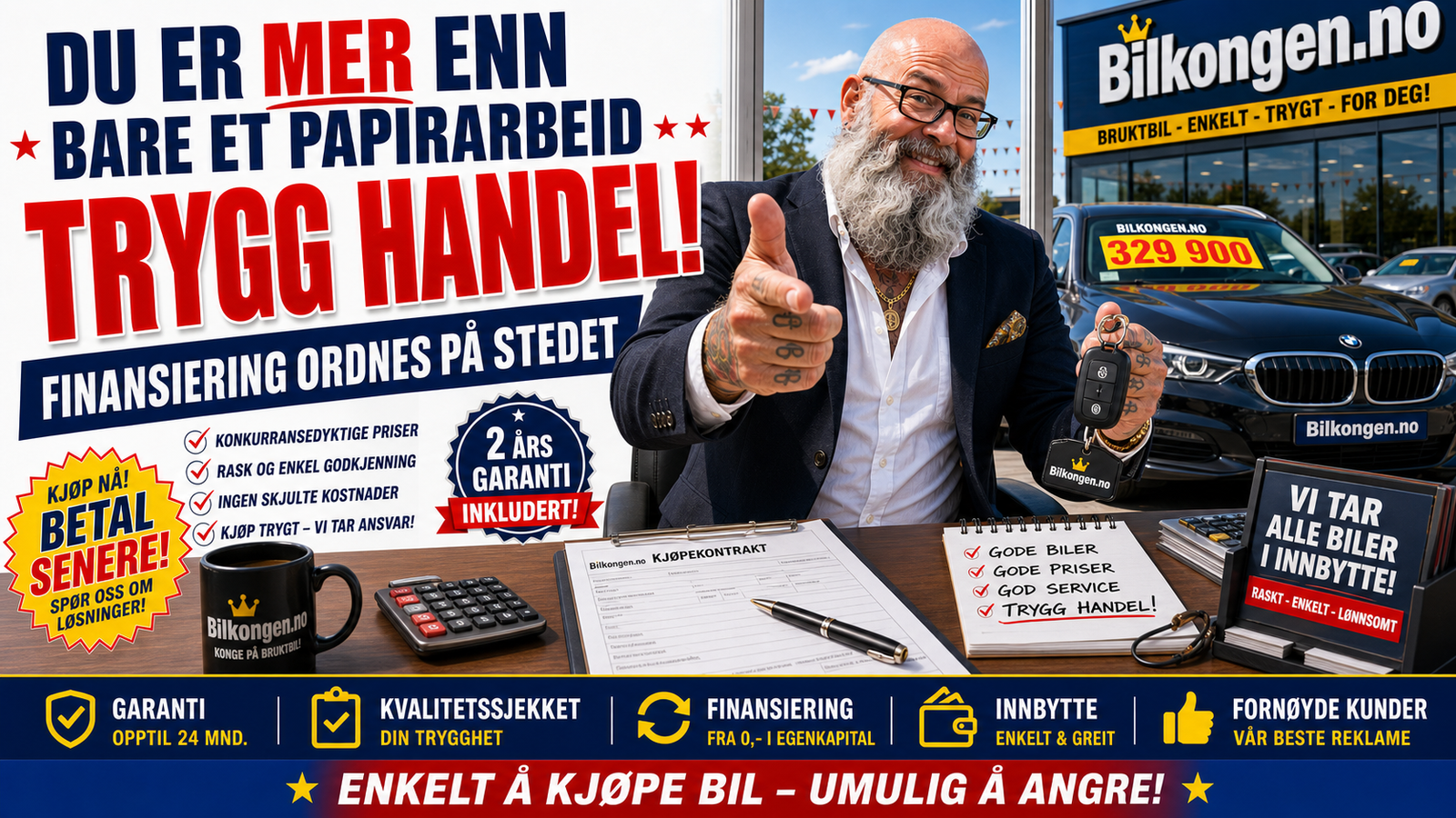 Bilkongen banner med kontorscene, selgeren og salgsordet TRYGG HANDEL